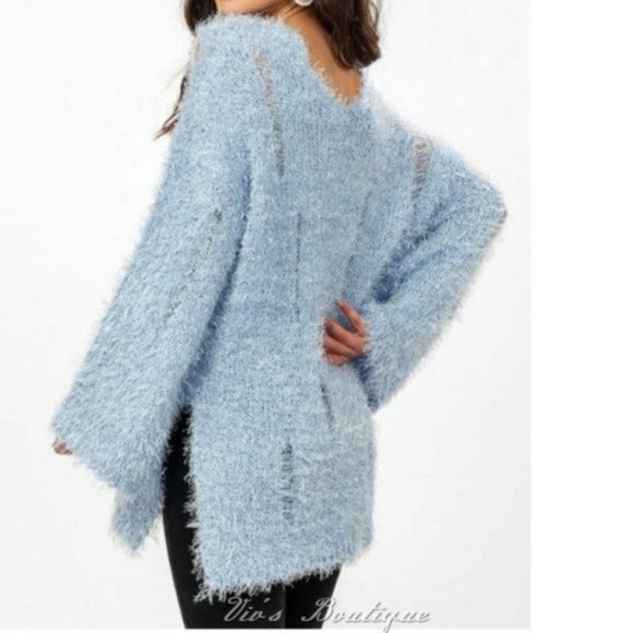 Blue Distressed Eyelash Relaxed Fit V-Neck Off Shoulder Sweater - Picture 2 of 11